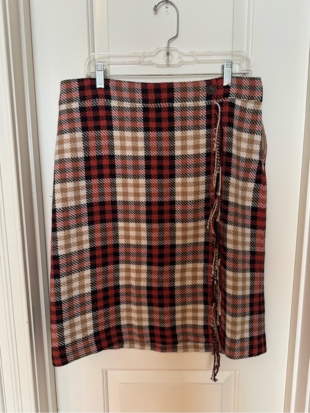 Talbots Plaid Wrap Pencil Skirt in Red and Tan